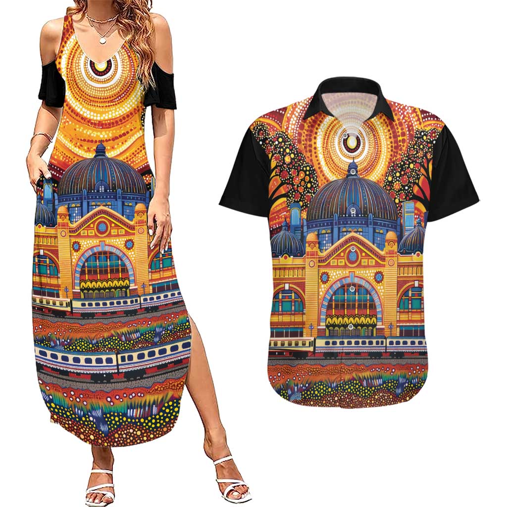 Australian Flinders Street Railway Station Couples Matching Summer Maxi Dress and Hawaiian Shirt Aboriginal Dot Painting