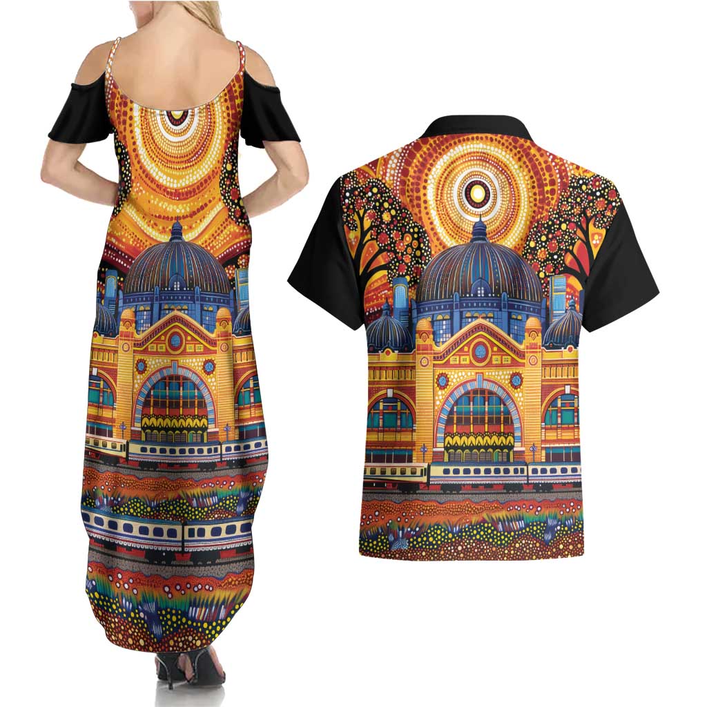 Australian Flinders Street Railway Station Couples Matching Summer Maxi Dress and Hawaiian Shirt Aboriginal Dot Painting