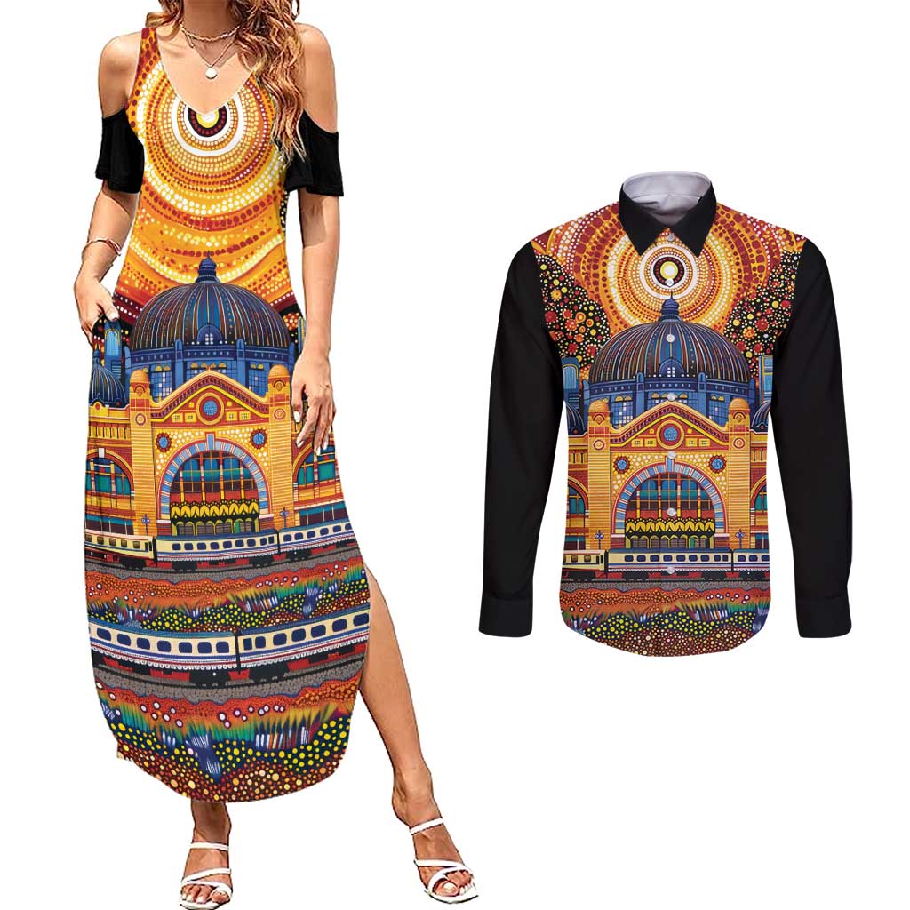 Australian Flinders Street Railway Station Couples Matching Summer Maxi Dress and Long Sleeve Button Shirt Aboriginal Dot Painting
