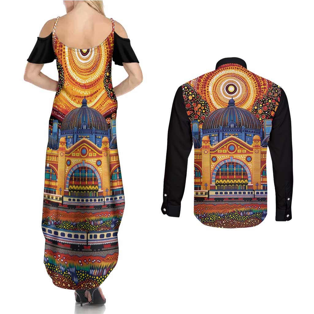 Australian Flinders Street Railway Station Couples Matching Summer Maxi Dress and Long Sleeve Button Shirt Aboriginal Dot Painting