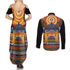 Australian Flinders Street Railway Station Couples Matching Summer Maxi Dress and Long Sleeve Button Shirt Aboriginal Dot Painting
