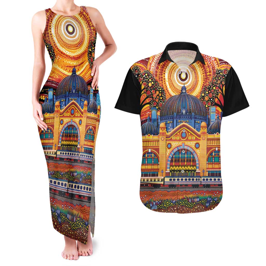 Australian Flinders Street Railway Station Couples Matching Tank Maxi Dress and Hawaiian Shirt Aboriginal Dot Painting