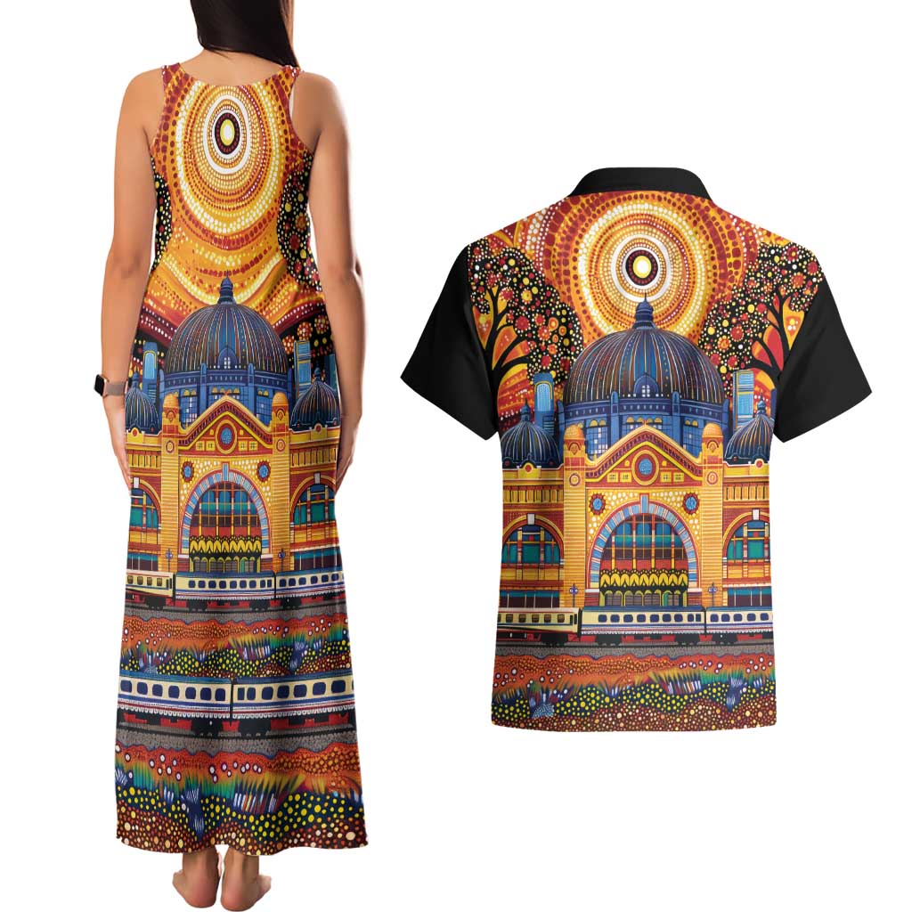 Australian Flinders Street Railway Station Couples Matching Tank Maxi Dress and Hawaiian Shirt Aboriginal Dot Painting