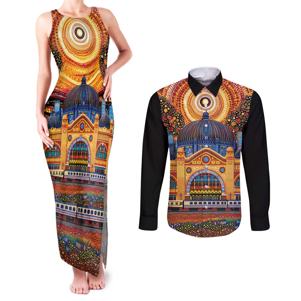 Australian Flinders Street Railway Station Couples Matching Tank Maxi Dress and Long Sleeve Button Shirt Aboriginal Dot Painting