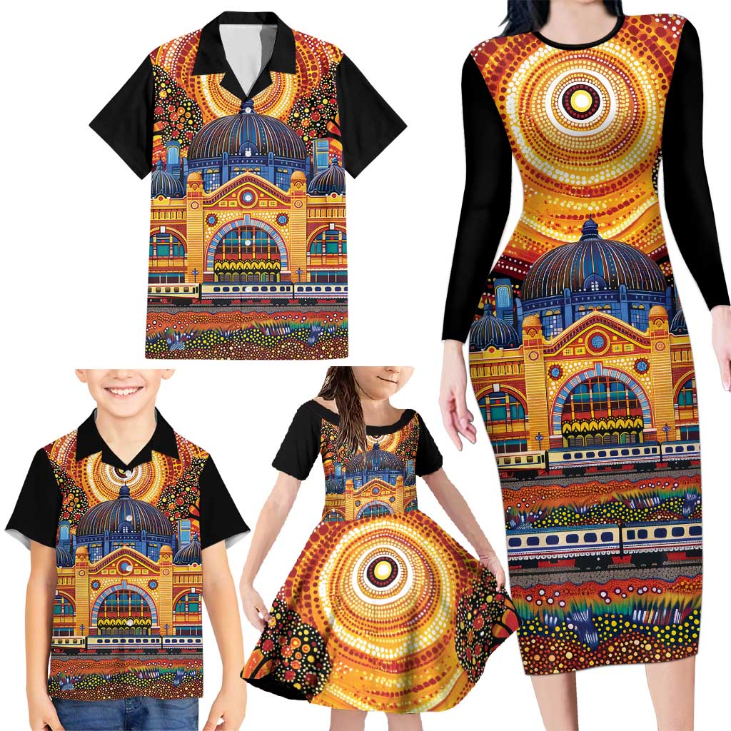 Australian Flinders Street Railway Station Family Matching Long Sleeve Bodycon Dress and Hawaiian Shirt Aboriginal Dot Painting