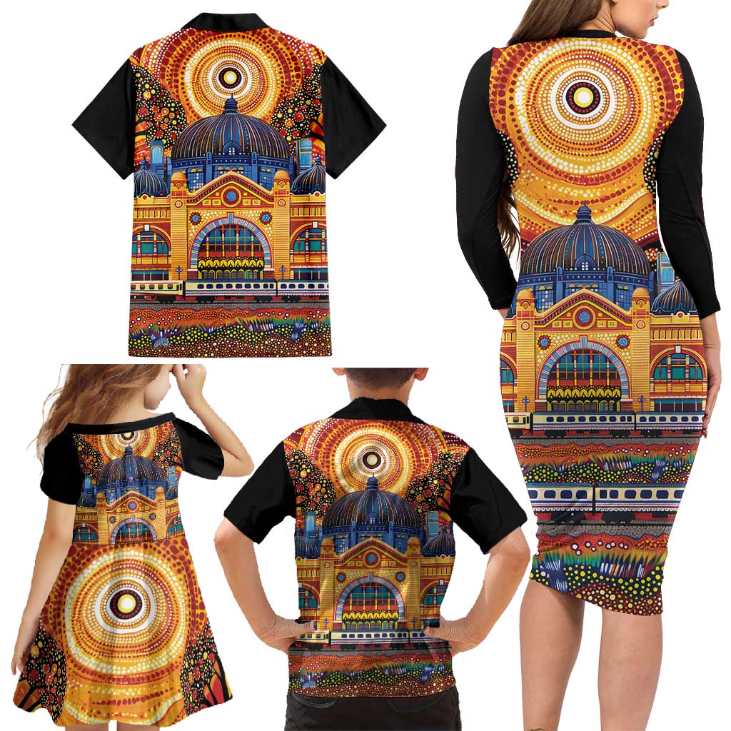 Australian Flinders Street Railway Station Family Matching Long Sleeve Bodycon Dress and Hawaiian Shirt Aboriginal Dot Painting