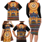 Australian Flinders Street Railway Station Family Matching Long Sleeve Bodycon Dress and Hawaiian Shirt Aboriginal Dot Painting