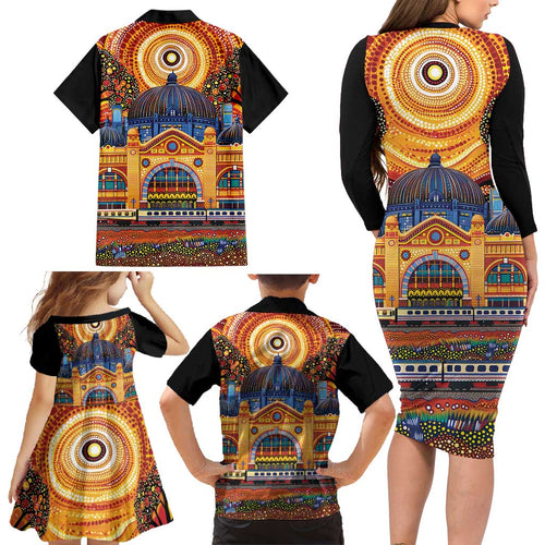 Australian Flinders Street Railway Station Family Matching Long Sleeve Bodycon Dress and Hawaiian Shirt Aboriginal Dot Painting