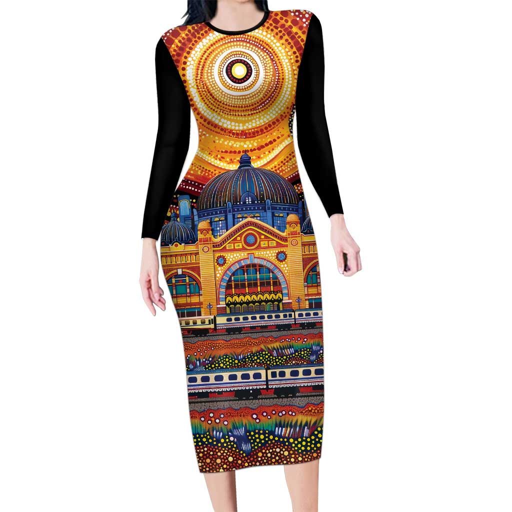 Australian Flinders Street Railway Station Family Matching Long Sleeve Bodycon Dress and Hawaiian Shirt Aboriginal Dot Painting