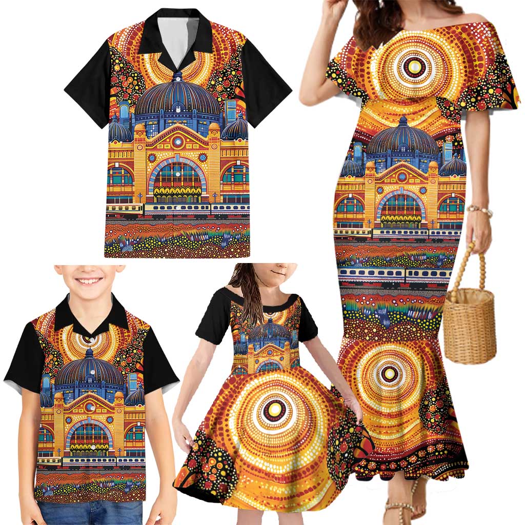 Australian Flinders Street Railway Station Family Matching Mermaid Dress and Hawaiian Shirt Aboriginal Dot Painting