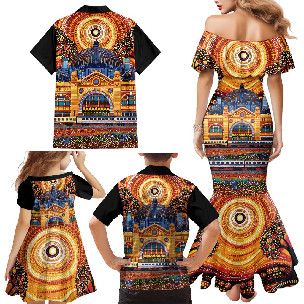 Australian Flinders Street Railway Station Family Matching Mermaid Dress and Hawaiian Shirt Aboriginal Dot Painting