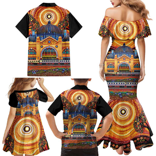 Australian Flinders Street Railway Station Family Matching Mermaid Dress and Hawaiian Shirt Aboriginal Dot Painting