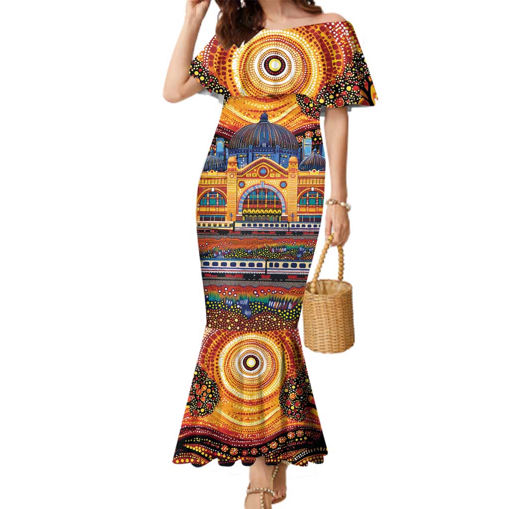 Australian Flinders Street Railway Station Family Matching Mermaid Dress and Hawaiian Shirt Aboriginal Dot Painting