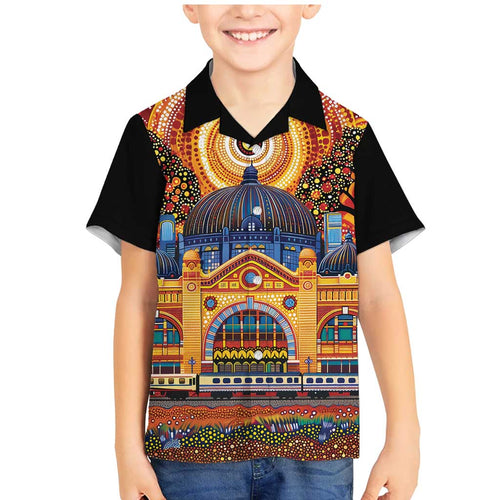 Australian Flinders Street Railway Station Family Matching Mermaid Dress and Hawaiian Shirt Aboriginal Dot Painting