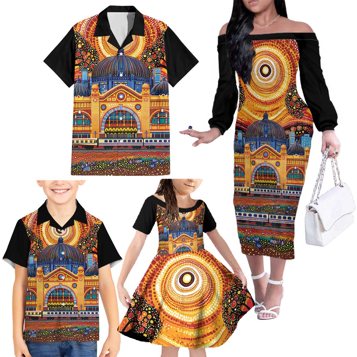 Australian Flinders Street Railway Station Family Matching Off The Shoulder Long Sleeve Dress and Hawaiian Shirt Aboriginal Dot Painting