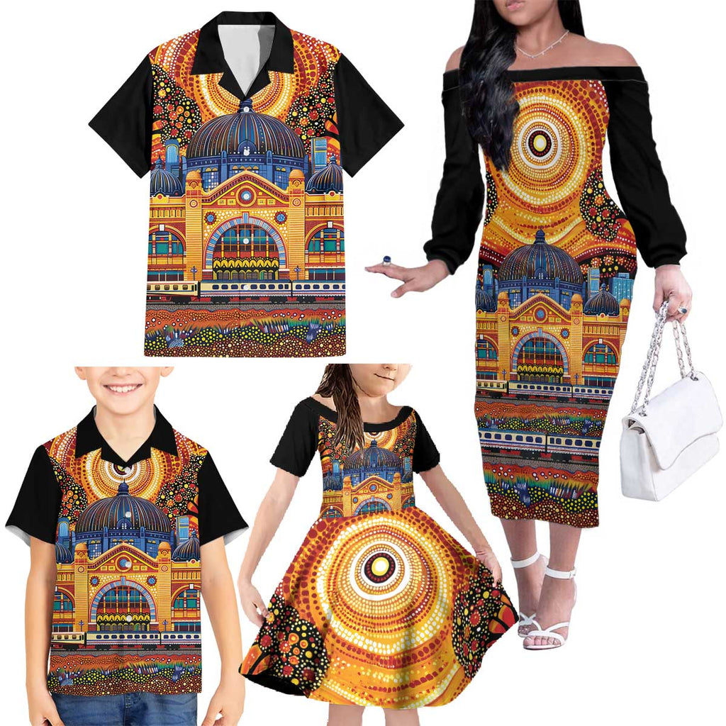 Australian Flinders Street Railway Station Family Matching Off The Shoulder Long Sleeve Dress and Hawaiian Shirt Aboriginal Dot Painting