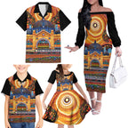 Australian Flinders Street Railway Station Family Matching Off The Shoulder Long Sleeve Dress and Hawaiian Shirt Aboriginal Dot Painting