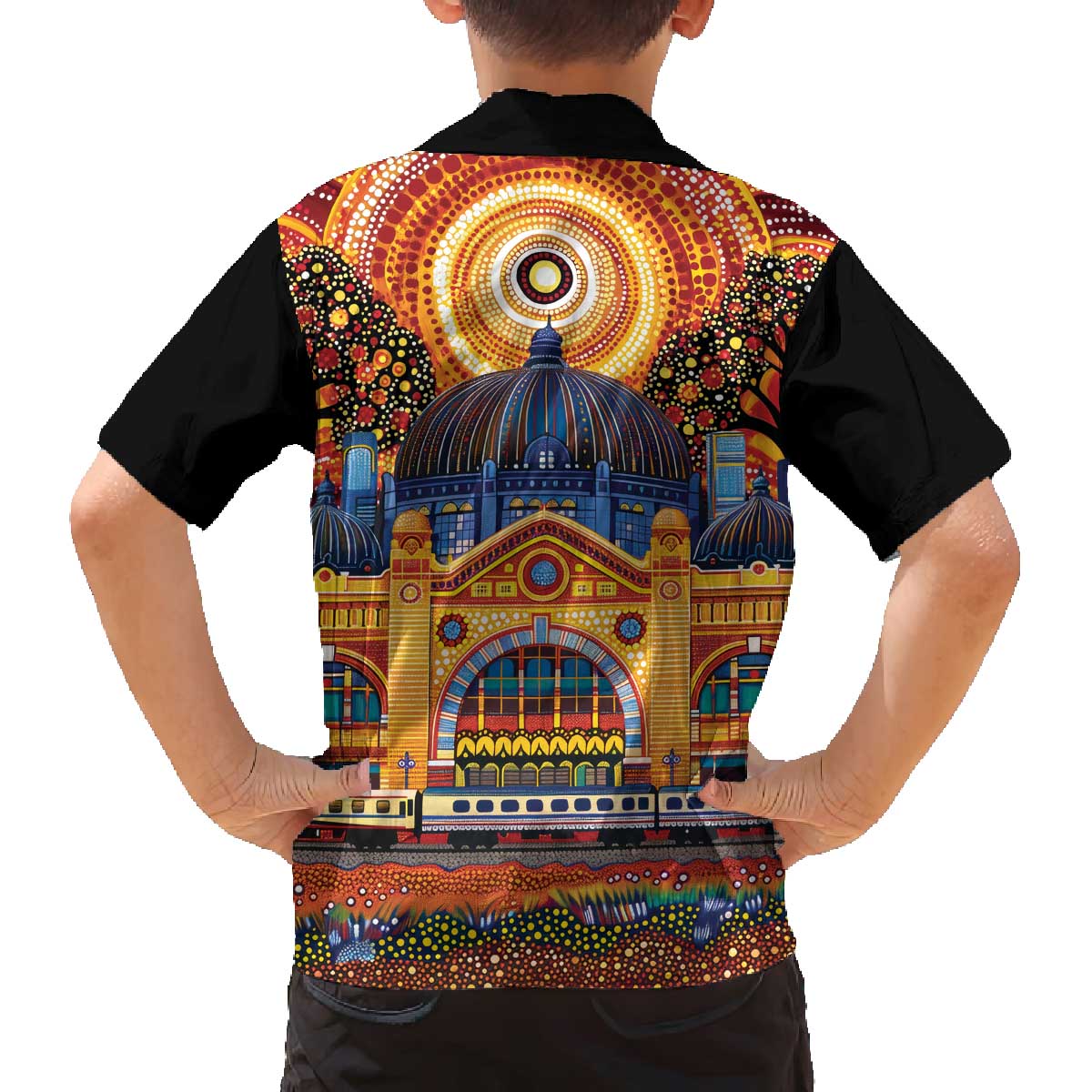 Australian Flinders Street Railway Station Family Matching Off The Shoulder Long Sleeve Dress and Hawaiian Shirt Aboriginal Dot Painting