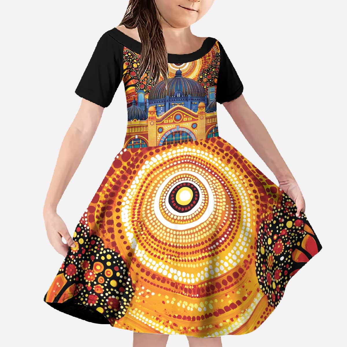 Australian Flinders Street Railway Station Family Matching Off The Shoulder Long Sleeve Dress and Hawaiian Shirt Aboriginal Dot Painting