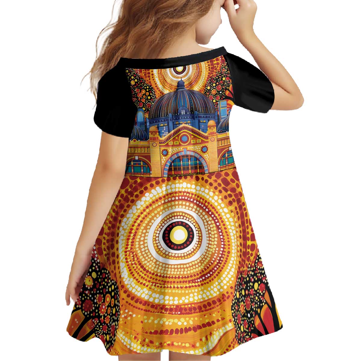 Australian Flinders Street Railway Station Family Matching Off The Shoulder Long Sleeve Dress and Hawaiian Shirt Aboriginal Dot Painting
