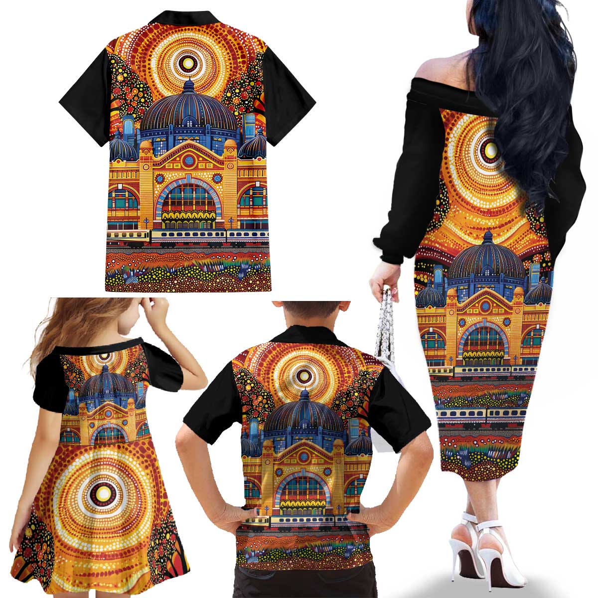 Australian Flinders Street Railway Station Family Matching Off The Shoulder Long Sleeve Dress and Hawaiian Shirt Aboriginal Dot Painting