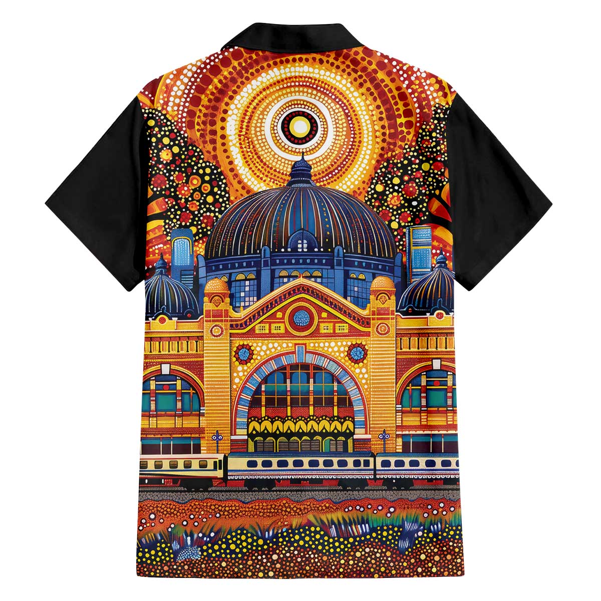 Australian Flinders Street Railway Station Family Matching Off The Shoulder Long Sleeve Dress and Hawaiian Shirt Aboriginal Dot Painting