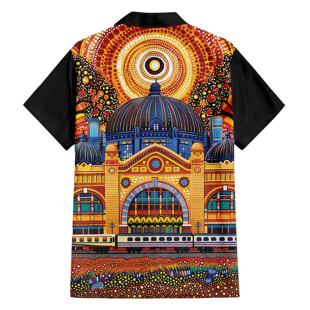 Australian Flinders Street Railway Station Family Matching Off The Shoulder Long Sleeve Dress and Hawaiian Shirt Aboriginal Dot Painting
