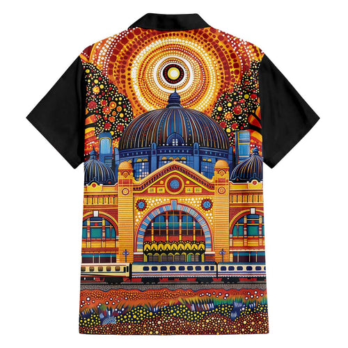 Australian Flinders Street Railway Station Family Matching Off The Shoulder Long Sleeve Dress and Hawaiian Shirt Aboriginal Dot Painting