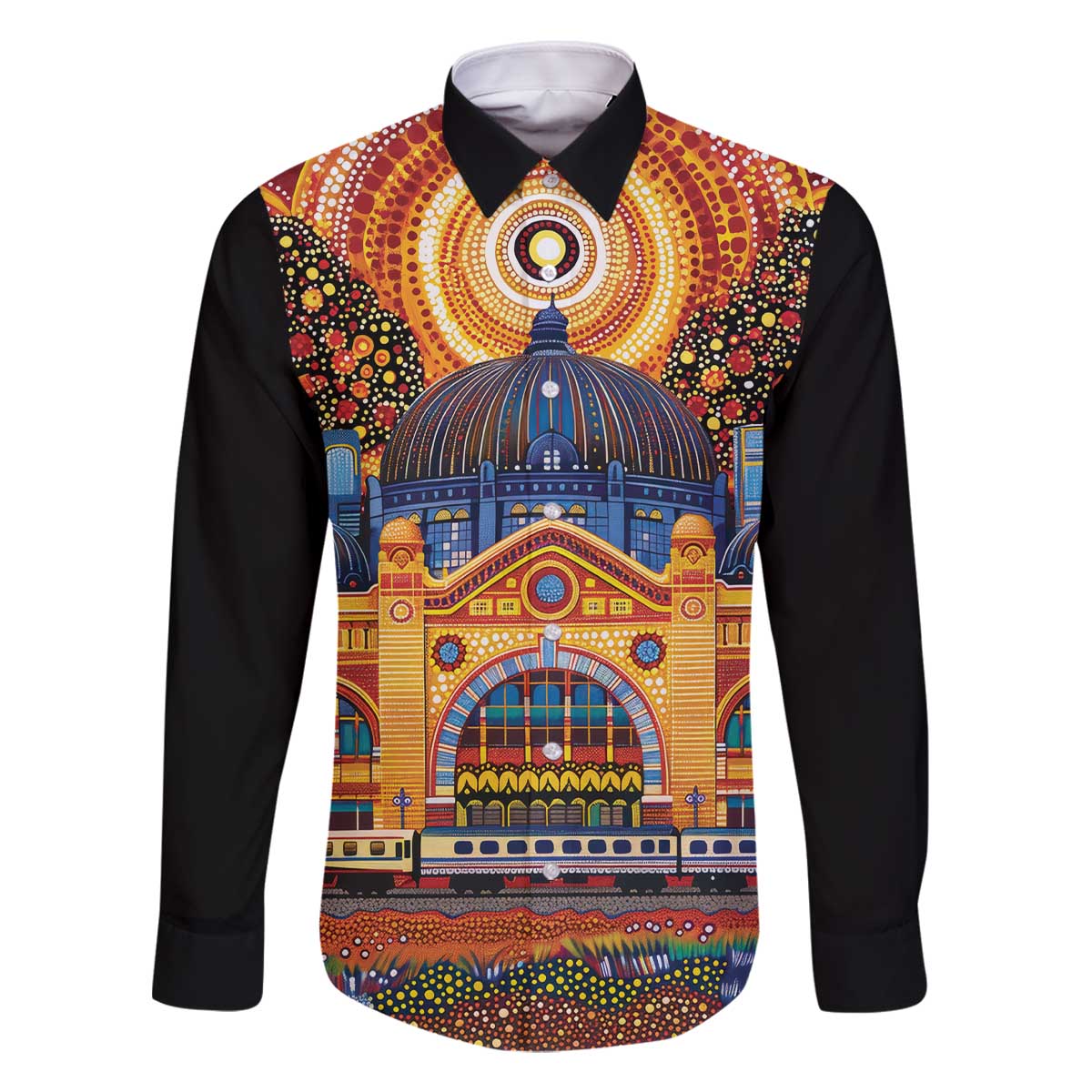Australian Flinders Street Railway Station Family Matching Off The Shoulder Long Sleeve Dress and Hawaiian Shirt Aboriginal Dot Painting