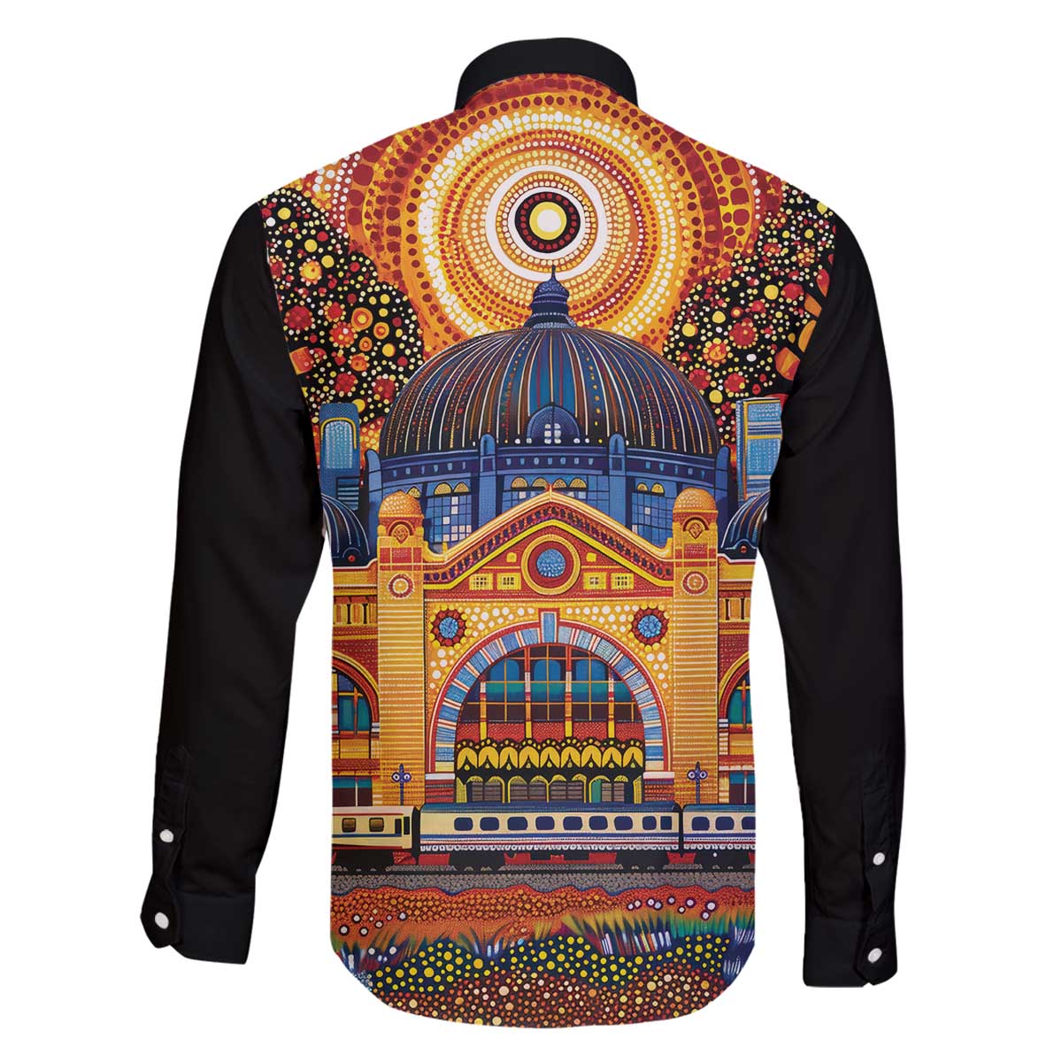 Australian Flinders Street Railway Station Family Matching Off The Shoulder Long Sleeve Dress and Hawaiian Shirt Aboriginal Dot Painting