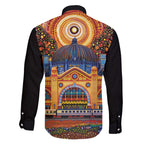 Australian Flinders Street Railway Station Family Matching Off The Shoulder Long Sleeve Dress and Hawaiian Shirt Aboriginal Dot Painting