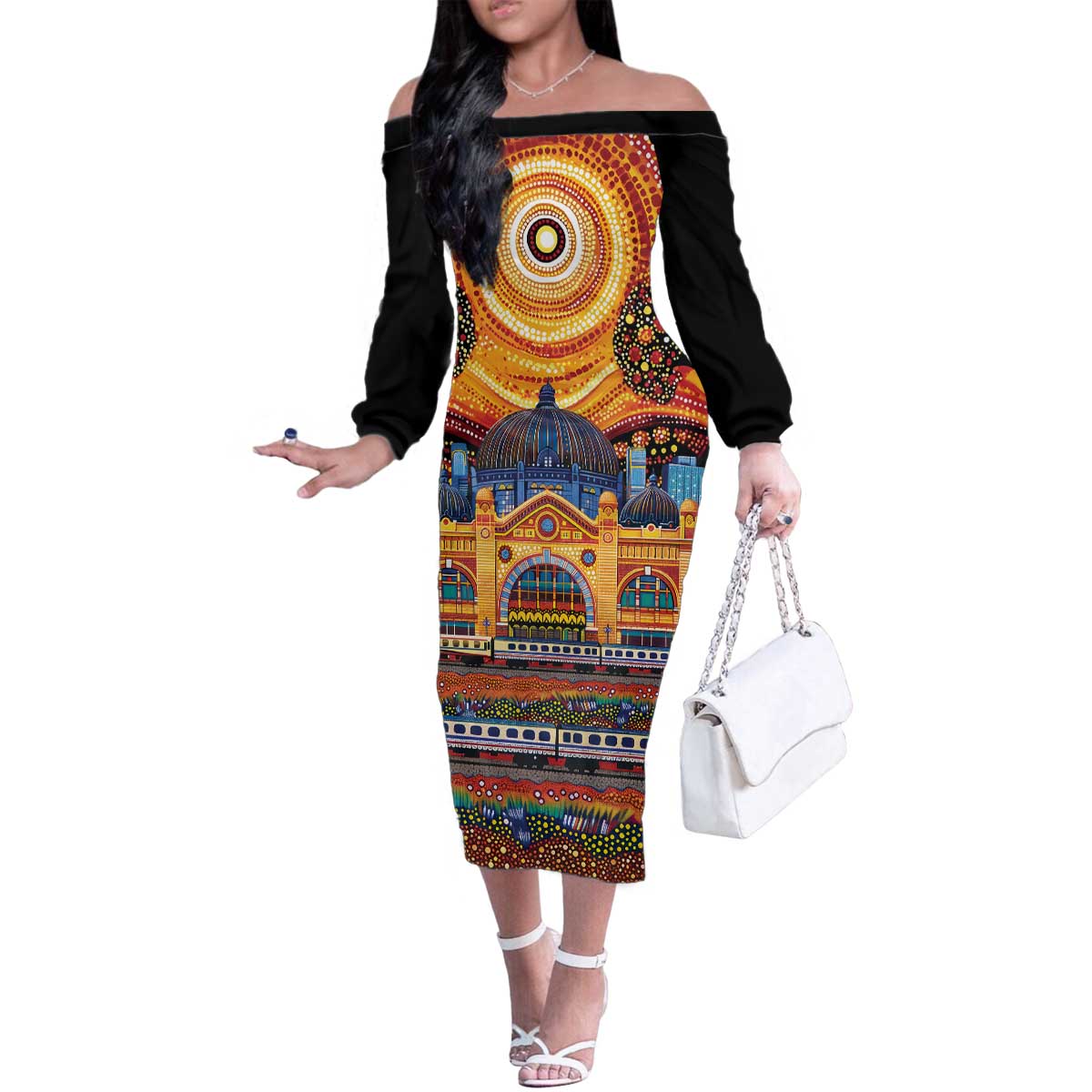 Australian Flinders Street Railway Station Family Matching Off The Shoulder Long Sleeve Dress and Hawaiian Shirt Aboriginal Dot Painting