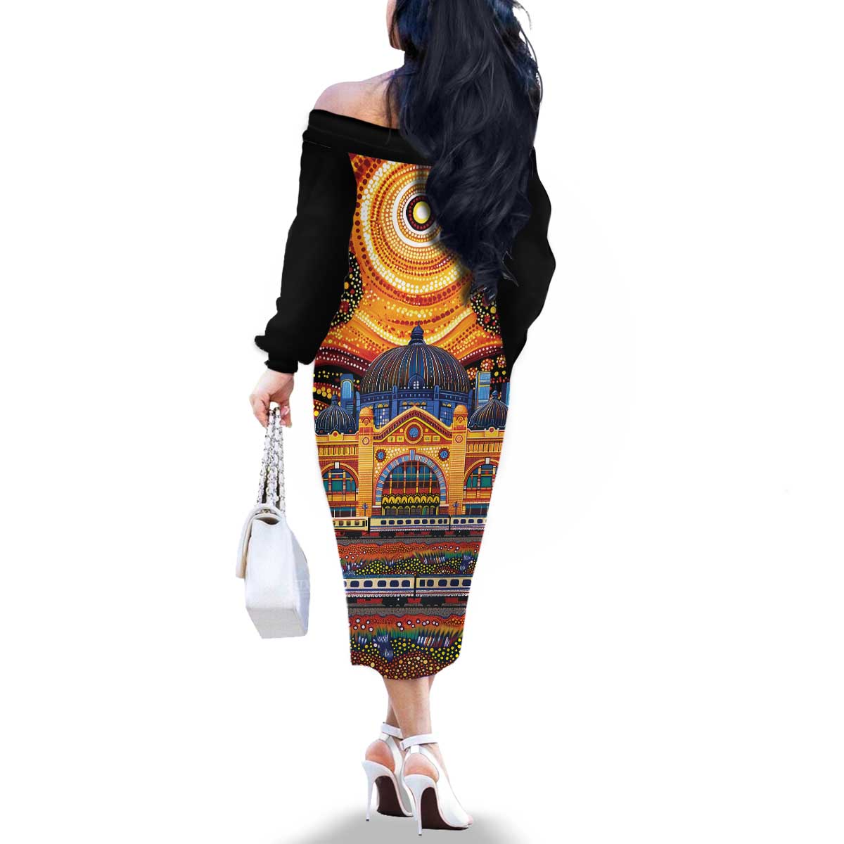 Australian Flinders Street Railway Station Family Matching Off The Shoulder Long Sleeve Dress and Hawaiian Shirt Aboriginal Dot Painting