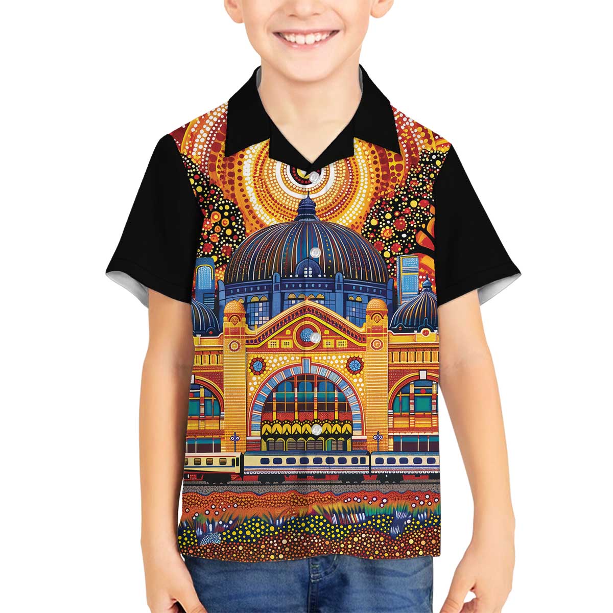 Australian Flinders Street Railway Station Family Matching Off The Shoulder Long Sleeve Dress and Hawaiian Shirt Aboriginal Dot Painting