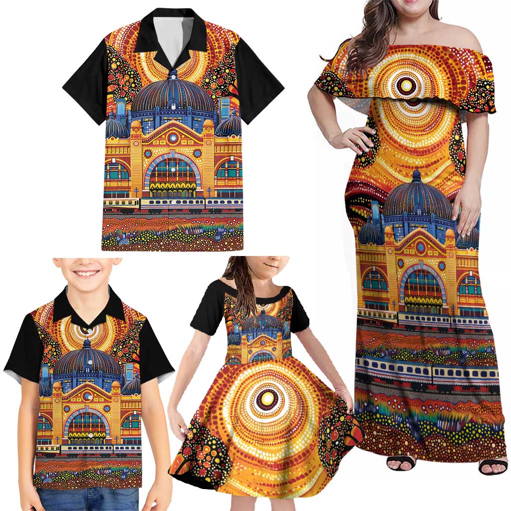 Australian Flinders Street Railway Station Family Matching Off Shoulder Maxi Dress and Hawaiian Shirt Aboriginal Dot Painting