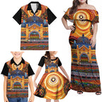 Australian Flinders Street Railway Station Family Matching Off Shoulder Maxi Dress and Hawaiian Shirt Aboriginal Dot Painting
