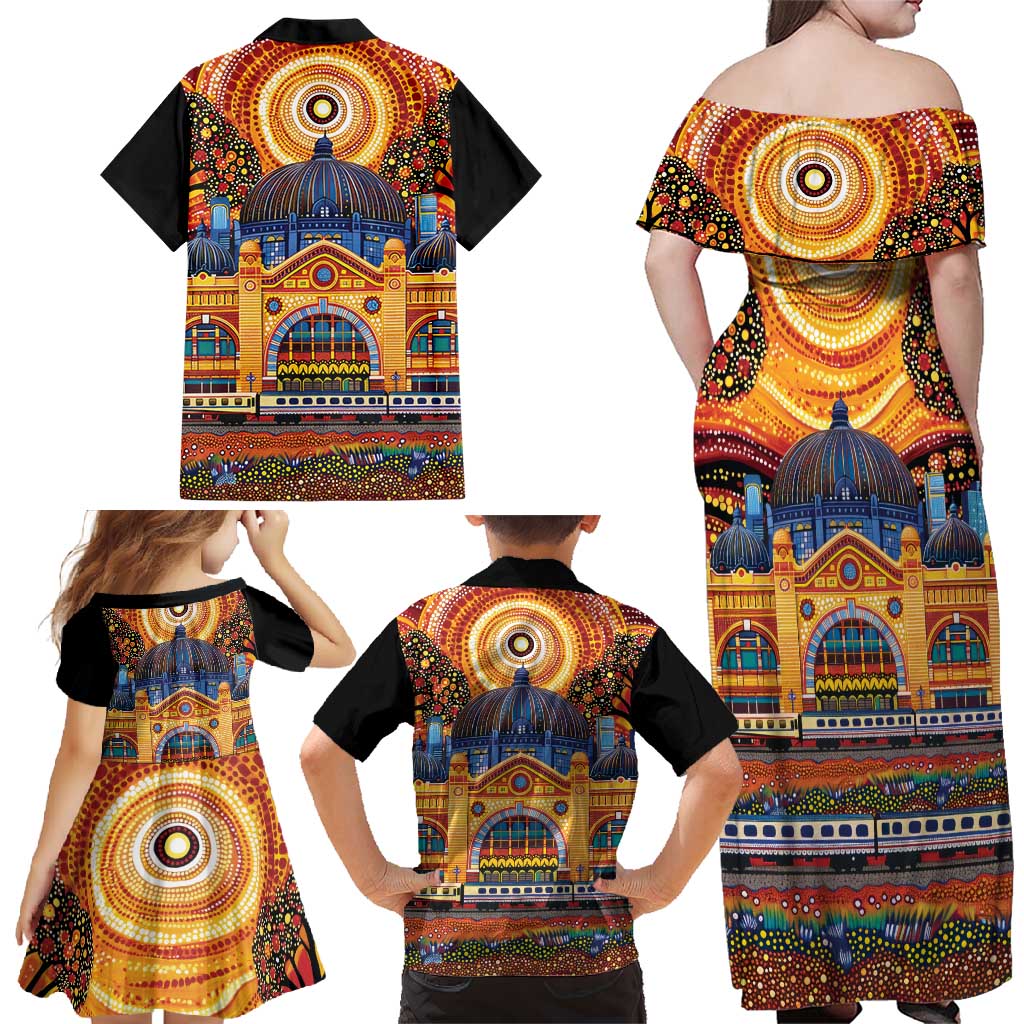 Australian Flinders Street Railway Station Family Matching Off Shoulder Maxi Dress and Hawaiian Shirt Aboriginal Dot Painting