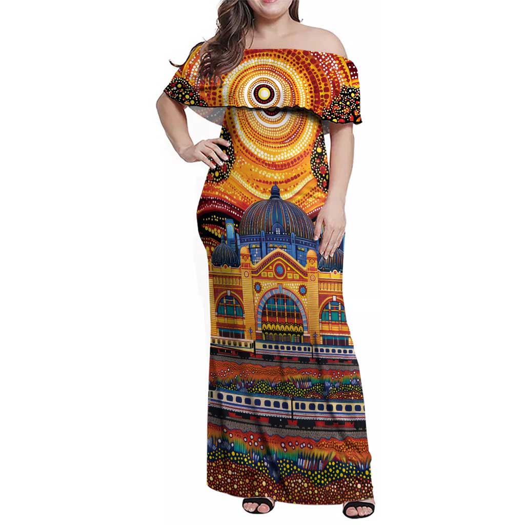 Australian Flinders Street Railway Station Family Matching Off Shoulder Maxi Dress and Hawaiian Shirt Aboriginal Dot Painting