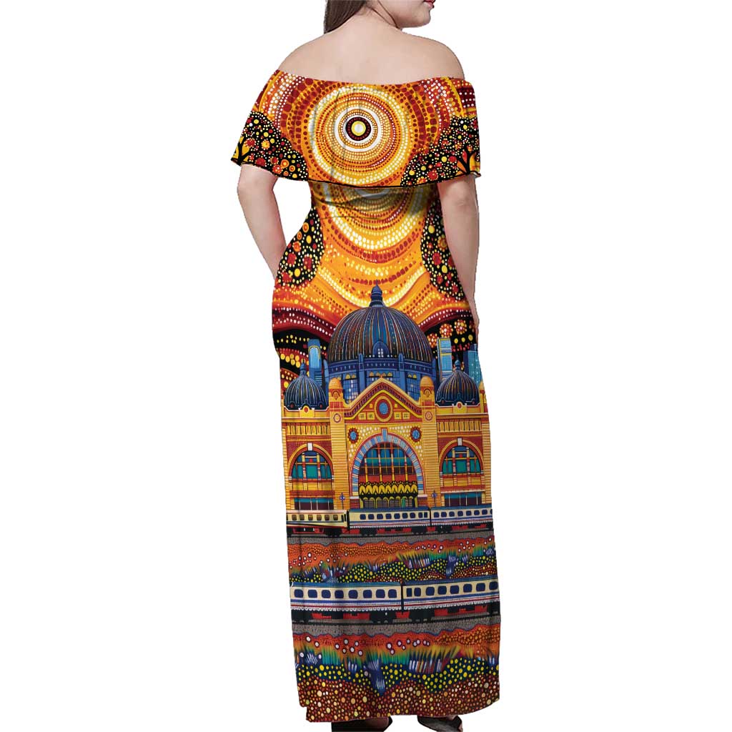 Australian Flinders Street Railway Station Family Matching Off Shoulder Maxi Dress and Hawaiian Shirt Aboriginal Dot Painting