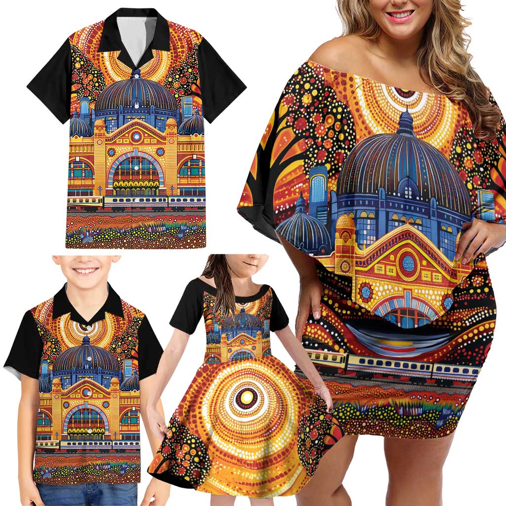 Australian Flinders Street Railway Station Family Matching Off Shoulder Short Dress and Hawaiian Shirt Aboriginal Dot Painting