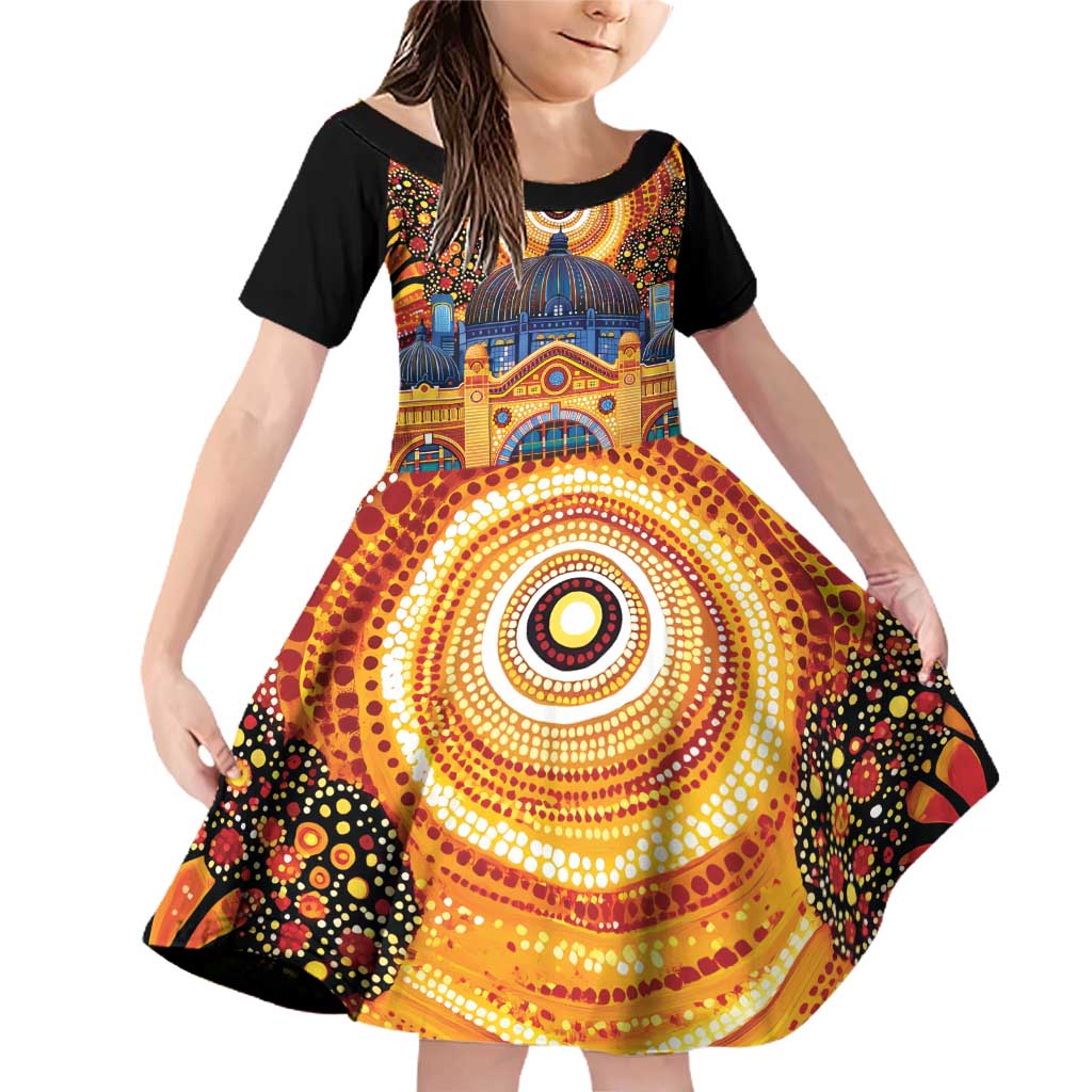 Australian Flinders Street Railway Station Family Matching Off Shoulder Short Dress and Hawaiian Shirt Aboriginal Dot Painting