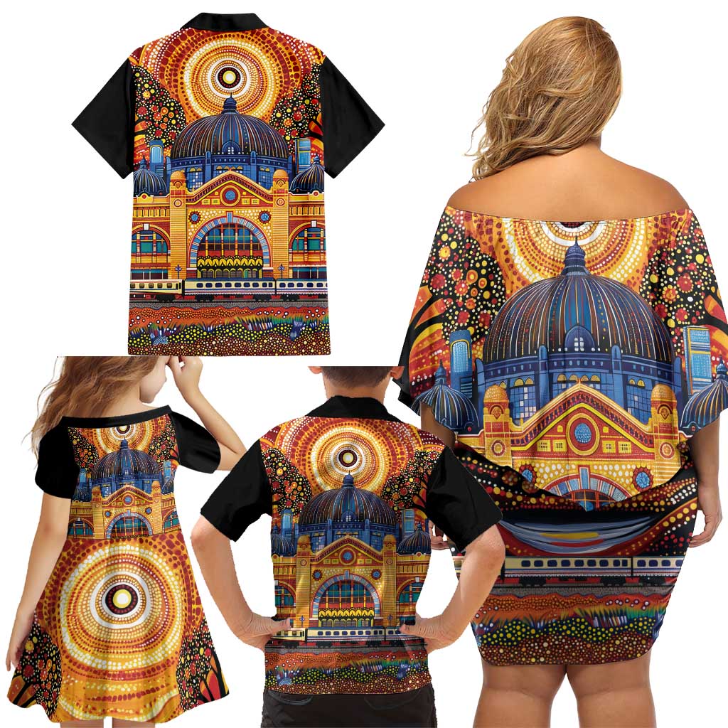 Australian Flinders Street Railway Station Family Matching Off Shoulder Short Dress and Hawaiian Shirt Aboriginal Dot Painting