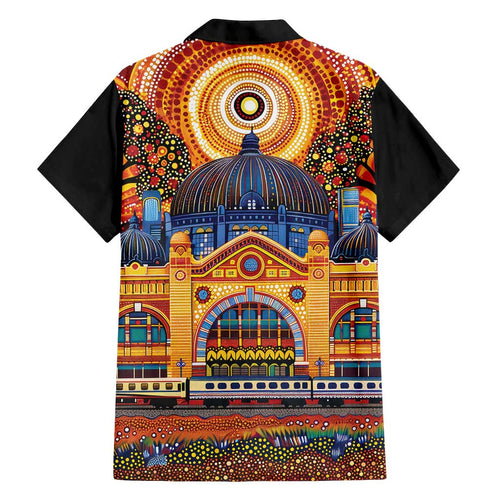 Australian Flinders Street Railway Station Family Matching Off Shoulder Short Dress and Hawaiian Shirt Aboriginal Dot Painting