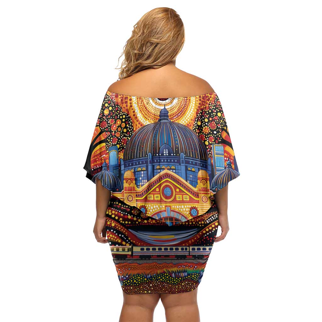 Australian Flinders Street Railway Station Family Matching Off Shoulder Short Dress and Hawaiian Shirt Aboriginal Dot Painting