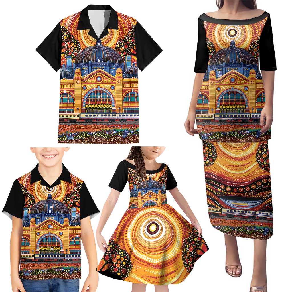 Australian Flinders Street Railway Station Family Matching Puletasi and Hawaiian Shirt Aboriginal Dot Painting