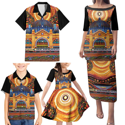 Australian Flinders Street Railway Station Family Matching Puletasi and Hawaiian Shirt Aboriginal Dot Painting