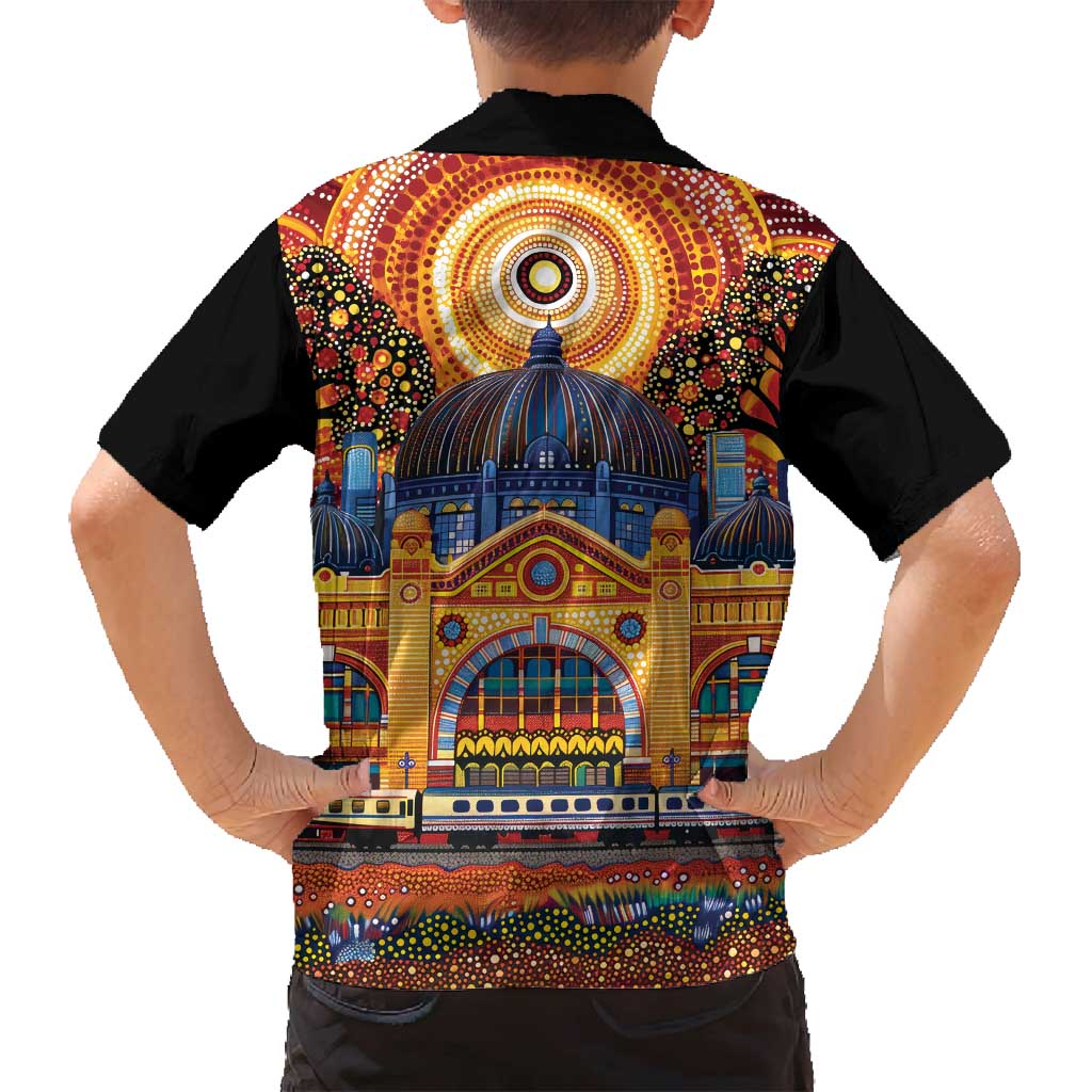 Australian Flinders Street Railway Station Family Matching Puletasi and Hawaiian Shirt Aboriginal Dot Painting