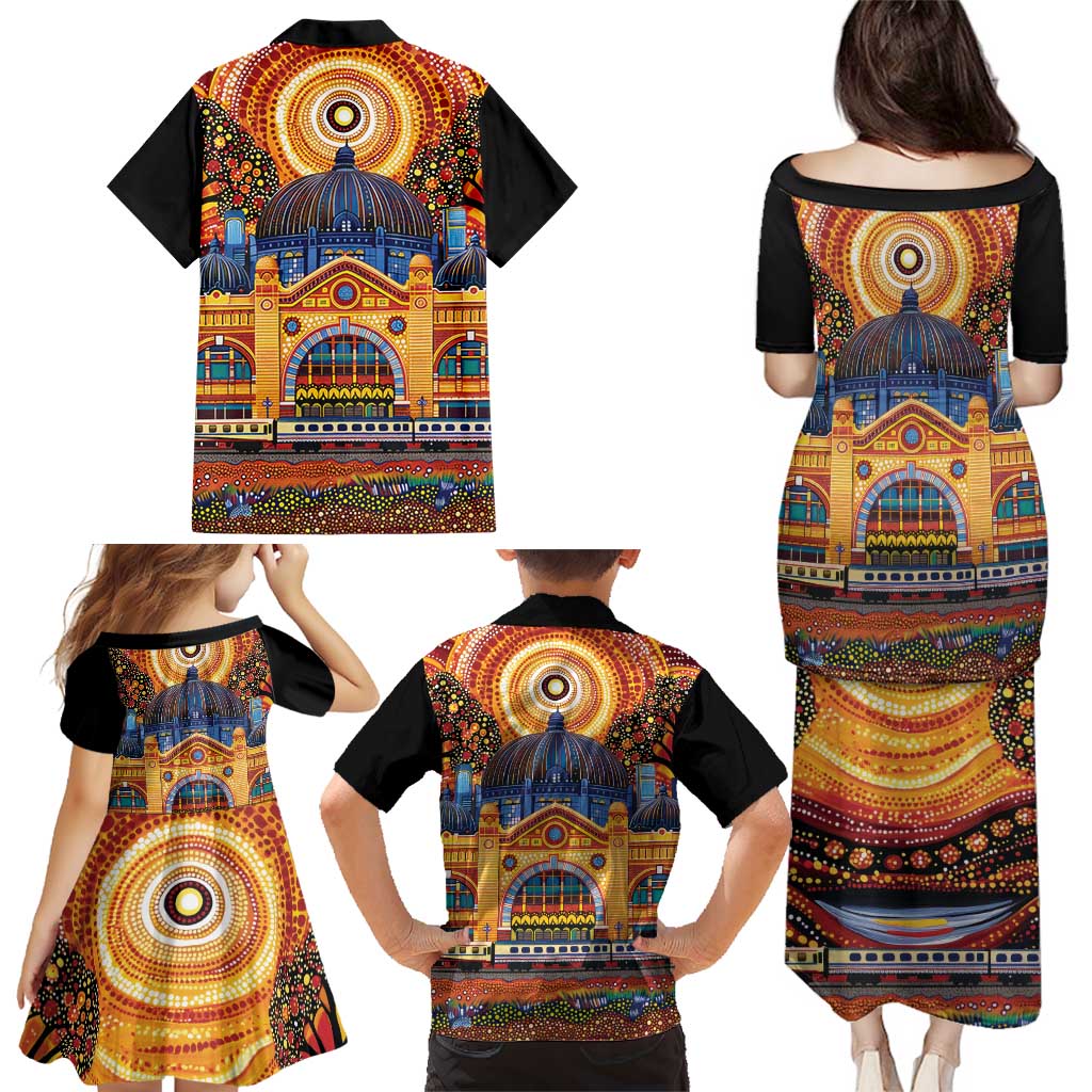 Australian Flinders Street Railway Station Family Matching Puletasi and Hawaiian Shirt Aboriginal Dot Painting