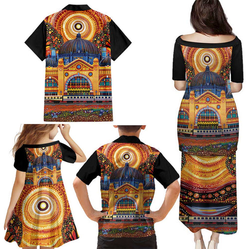 Australian Flinders Street Railway Station Family Matching Puletasi and Hawaiian Shirt Aboriginal Dot Painting