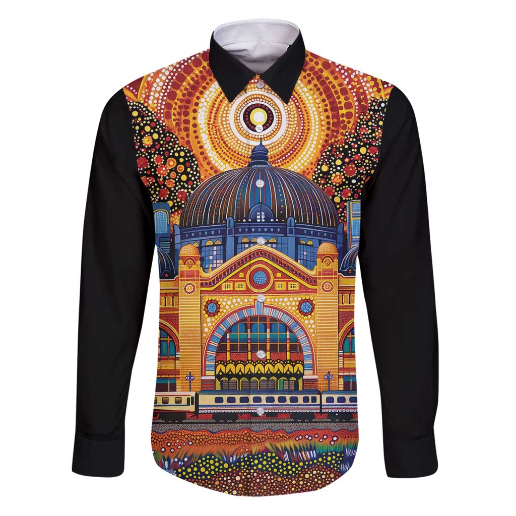 Australian Flinders Street Railway Station Family Matching Puletasi and Hawaiian Shirt Aboriginal Dot Painting